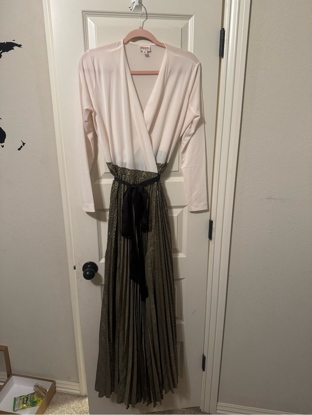 Diane Von Furstenberg Cream Wrap Maxi with Olive Pleated Skirt and Black Sash